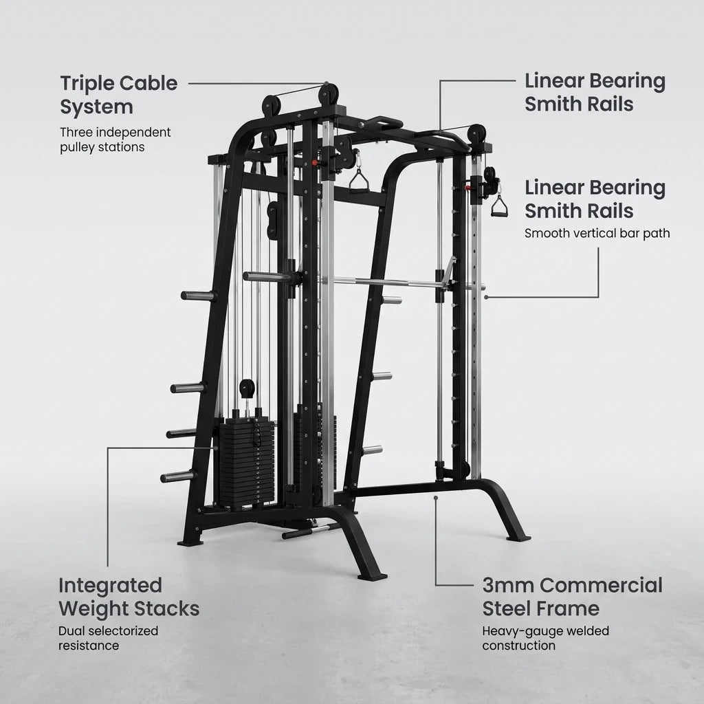 Bodyfit Relentless Trainer Smith Machine with Cable Systems — infographic