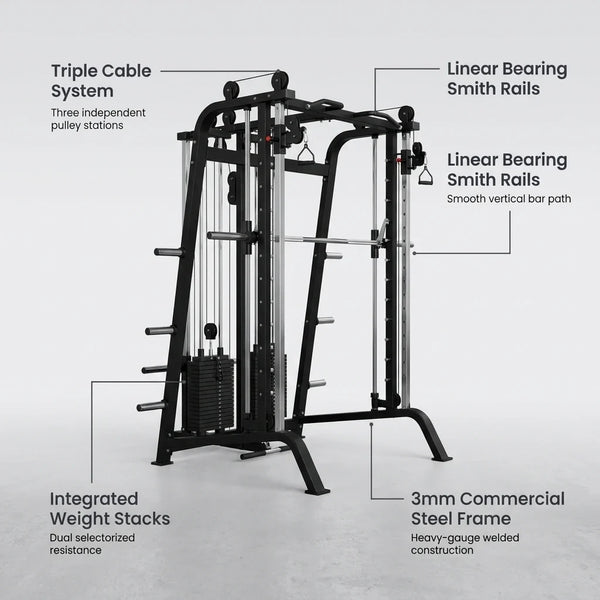 Bodyfit Relentless Trainer Smith Machine with Cable Systems — infographic