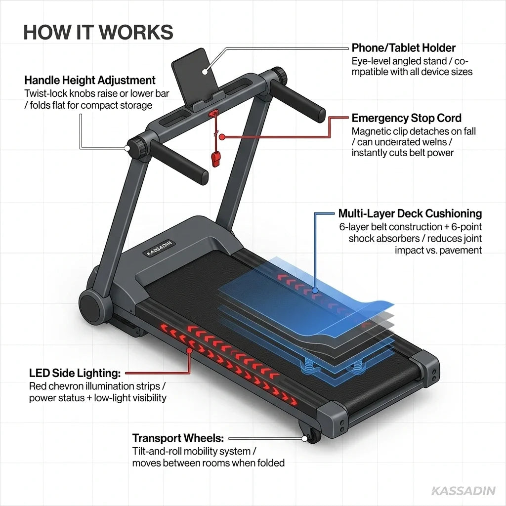KASSADIN Portable Mini Treadmill with Handle Bar & Incline — How It Works