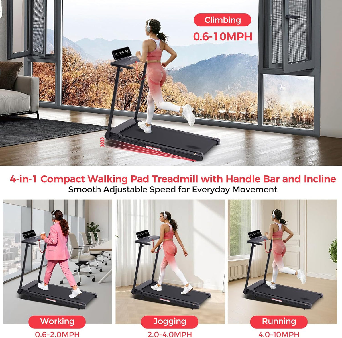Portable Mini Treadmill with Handle Bar & Incline – 3.5HP, 400 LB — product view 2