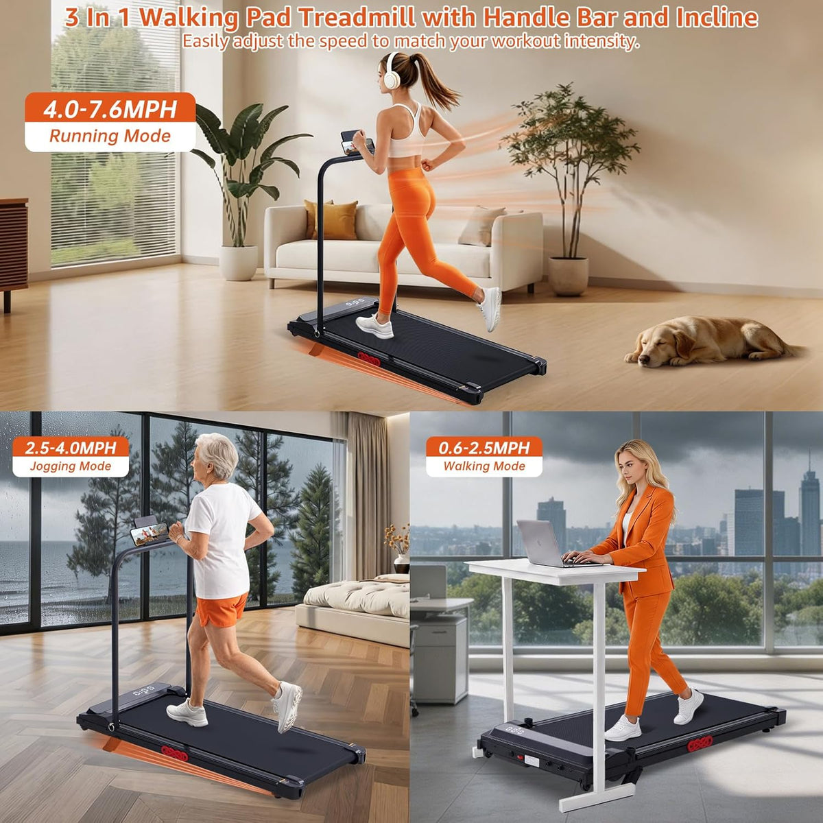 Walking Pad Treadmill with Handle Bar & Incline – 3HP, 350 LB — product view 3