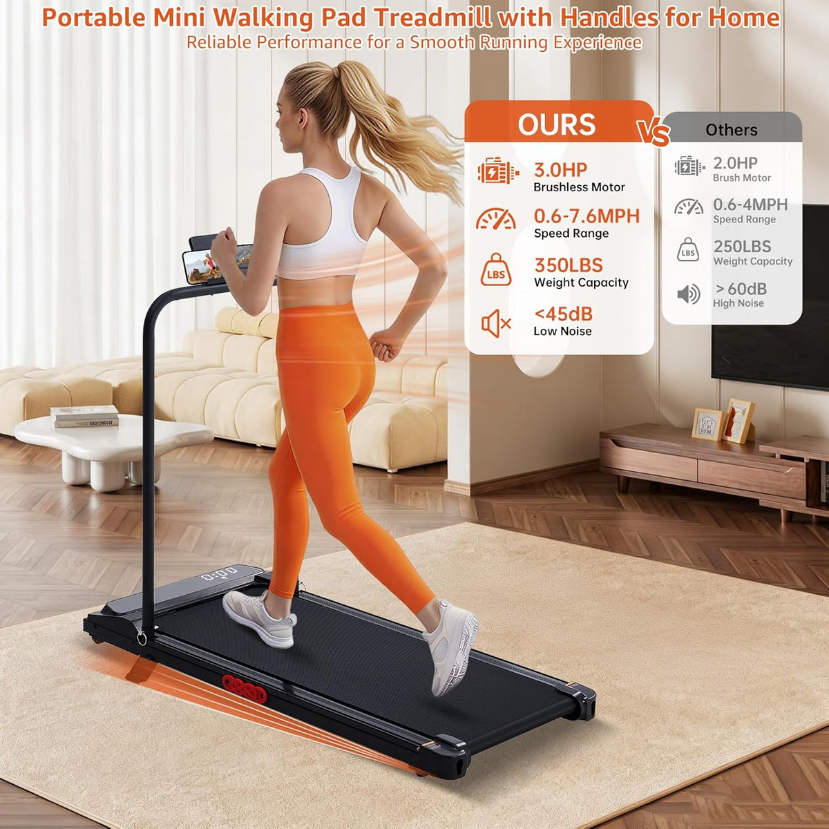 Walking Pad Treadmill with Handle Bar & Incline – 3HP, 350 LB — product view 4