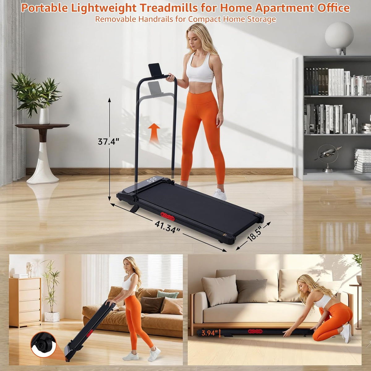 Walking Pad Treadmill with Handle Bar & Incline – 3HP, 350 LB — product view 7